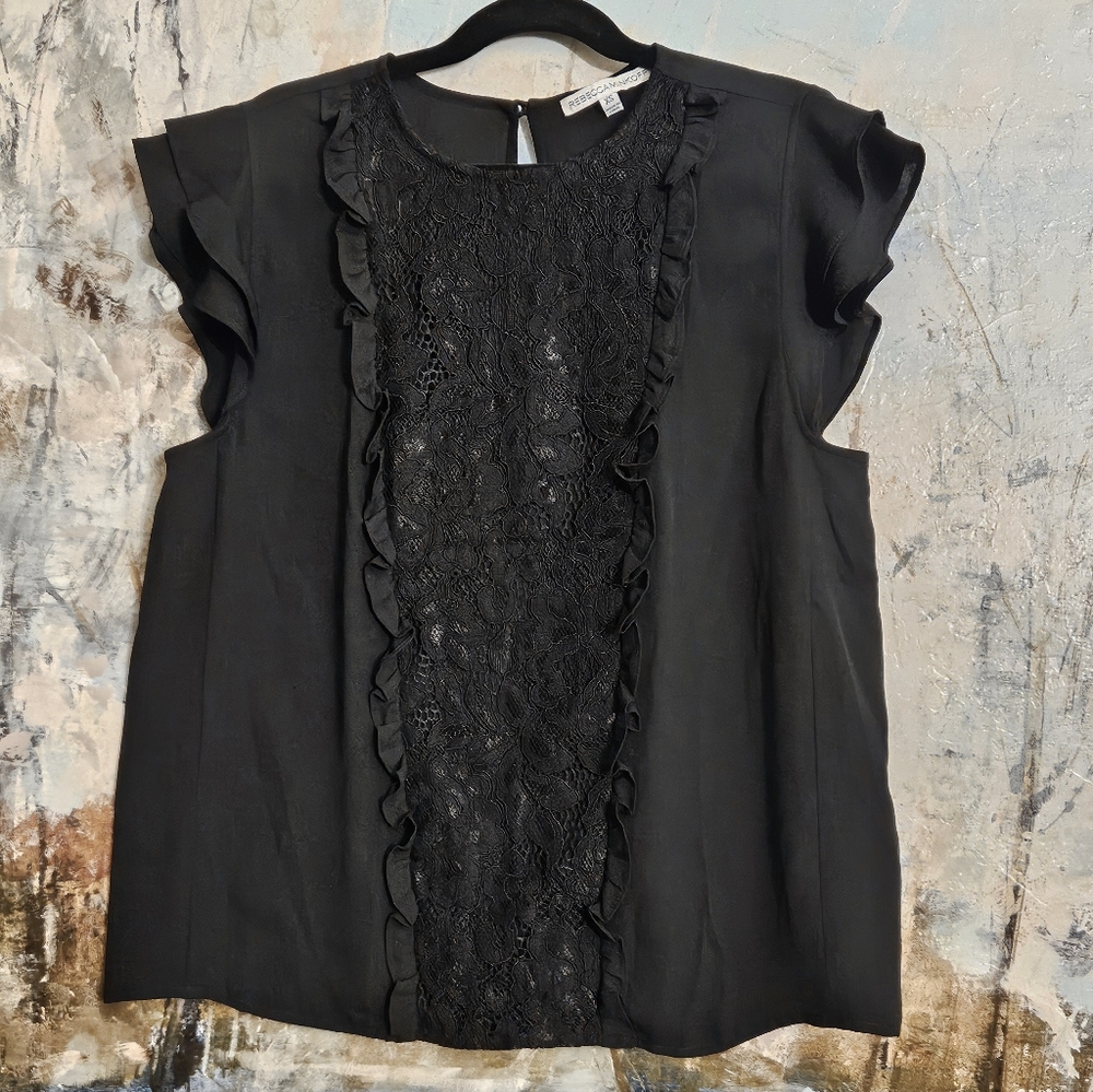 Rebecca Mincoff Black Flutter Sleeve Blouse Central Lace Panel with Ruffles XS